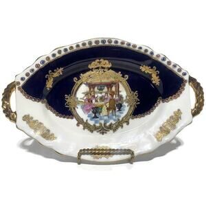 Vintage Guerin Limoges Blue Cobalt Porcelain Serving Dish 10.75x6.5 With Handles